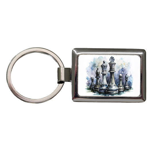 Black And White Chess Pieces Watercolor Rectangle Metal Keychain