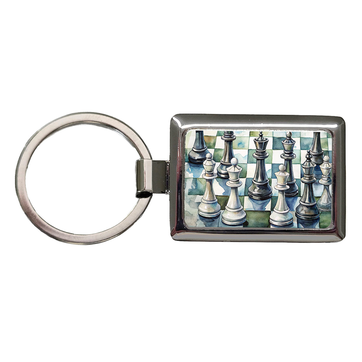 Black White Chess Pieces Watercolor Rectangle Metal Keychain
