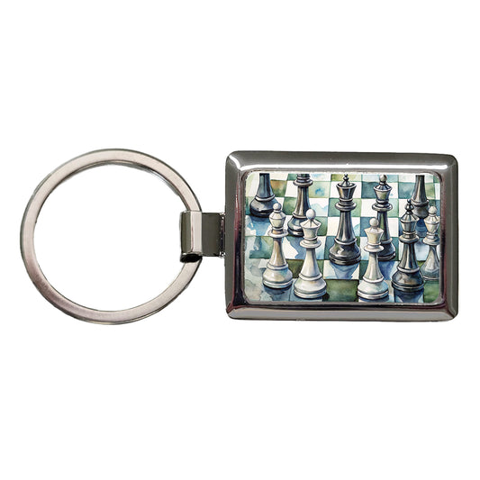 Black White Chess Pieces Watercolor Rectangle Metal Keychain