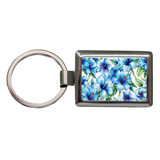 Blue Hibiscus Flowers Watercolor Rectangle Metal Keychain