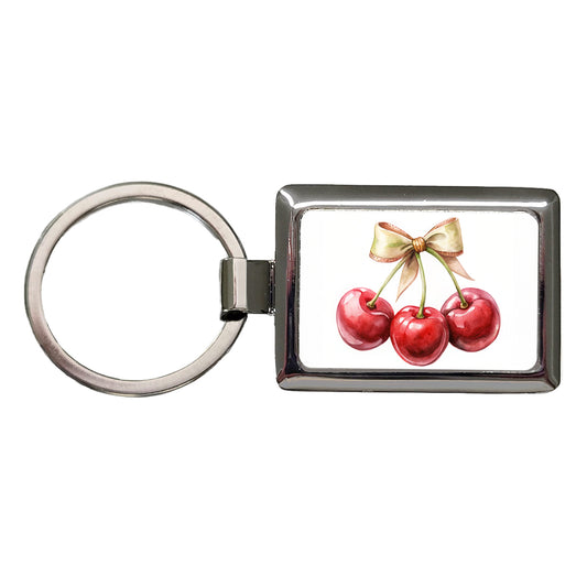 Bow Tied Around Cherries Coquette Rectangle Metal Keychain