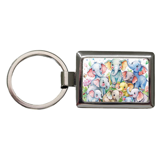 Bunch Of Cute Elephants Watercolor Rectangle Metal Keychain