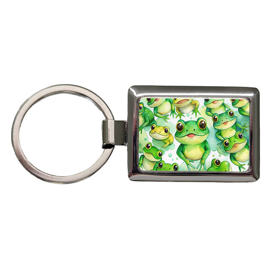 Bunch Of Cute Green Frogs Watercolor Rectangle Metal Keychain