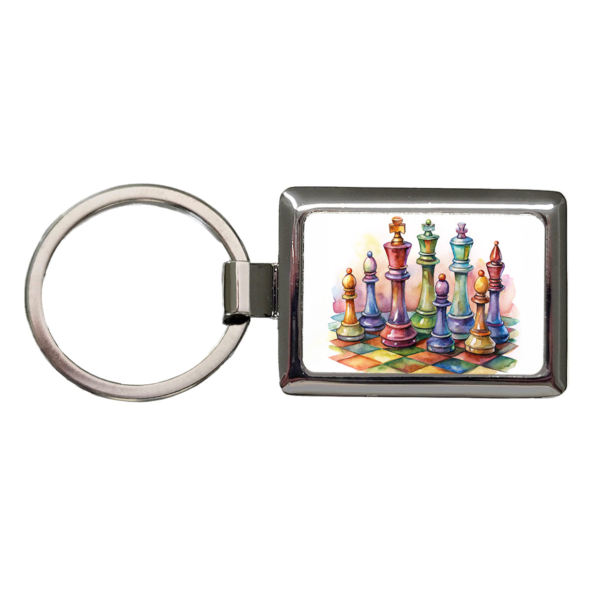 Chess Pieces Colorful Watercolor Rectangle Metal Keychain