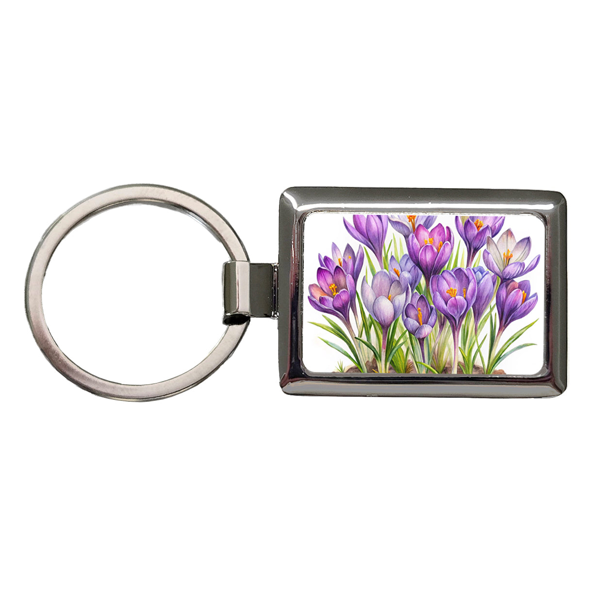 Crocus Purple Flowers Watercolor Rectangle Metal Keychain
