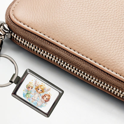Cute Angels Watercolor Rectangle Metal Keychain