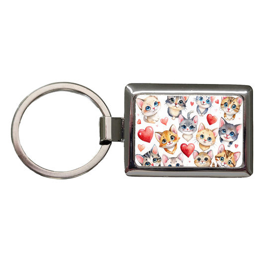 Cute Fun Cats Hearts Watercolor Rectangle Metal Keychain