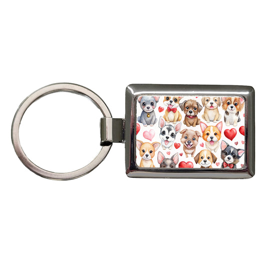 Cute Fun Dogs Hearts Watercolor Rectangle Metal Keychain