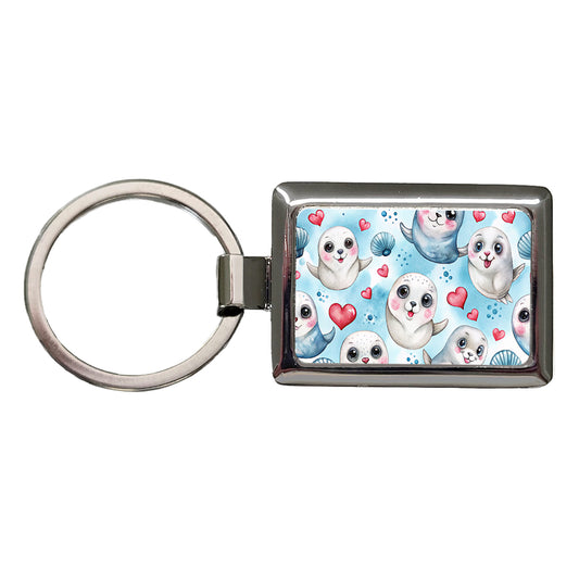 Cute Harp Seals And Hearts Watercolor Rectangle Metal Keychain