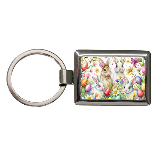 Easter Bunny Rabbit Eggs Flowers Rectangle Metal Keychain