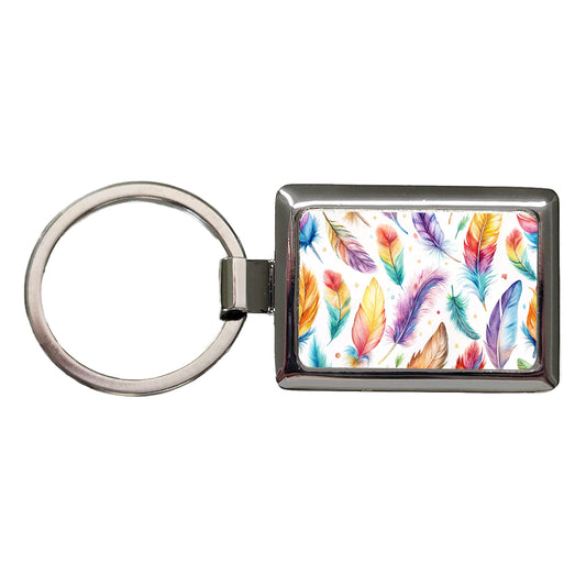 Feathers Watercolor Rectangle Metal Keychain