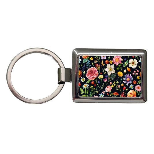 Flowers Black Background Watercolor Rectangle Metal Keychain