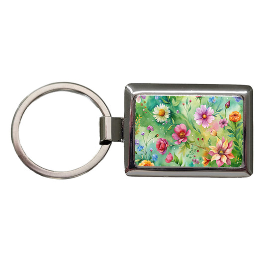 Flowers Green Background Watercolor Rectangle Metal Keychain