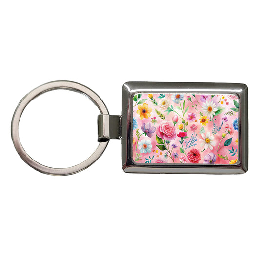 Flowers Pink Background Watercolor Rectangle Metal Keychain