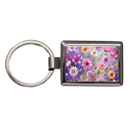 Flowers Purple Background Watercolor Rectangle Metal Keychain