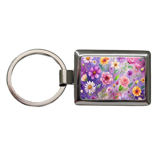 Flowers Purple Background Watercolor Rectangle Metal Keychain