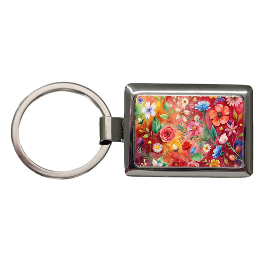 Flowers Red Background Watercolor Rectangle Metal Keychain