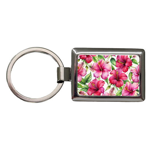 Fuchsia Hibiscus Flowers Watercolor Rectangle Metal Keychain