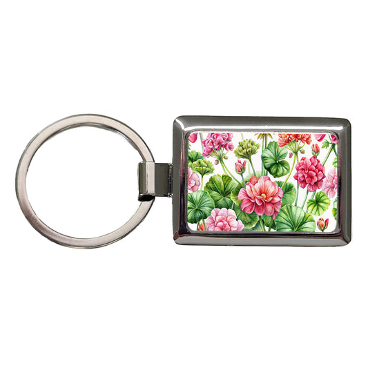 Geraniums Flowers Watercolor Rectangle Metal Keychain