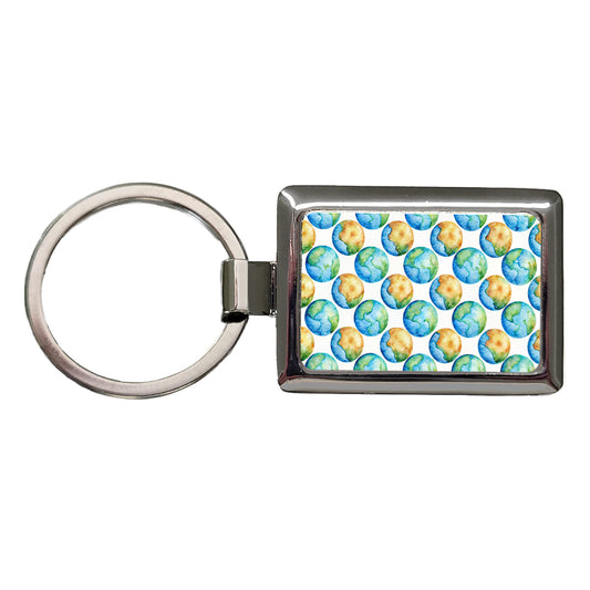 Globes Earth Pattern Watercolor Rectangle Metal Keychain