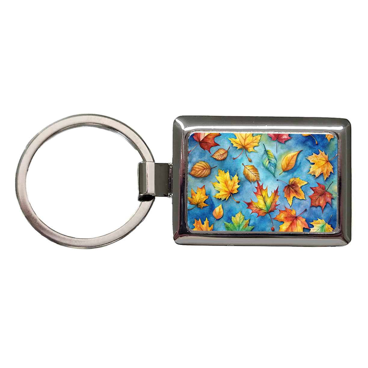 Leaves Blue Background Watercolor Rectangle Metal Keychain