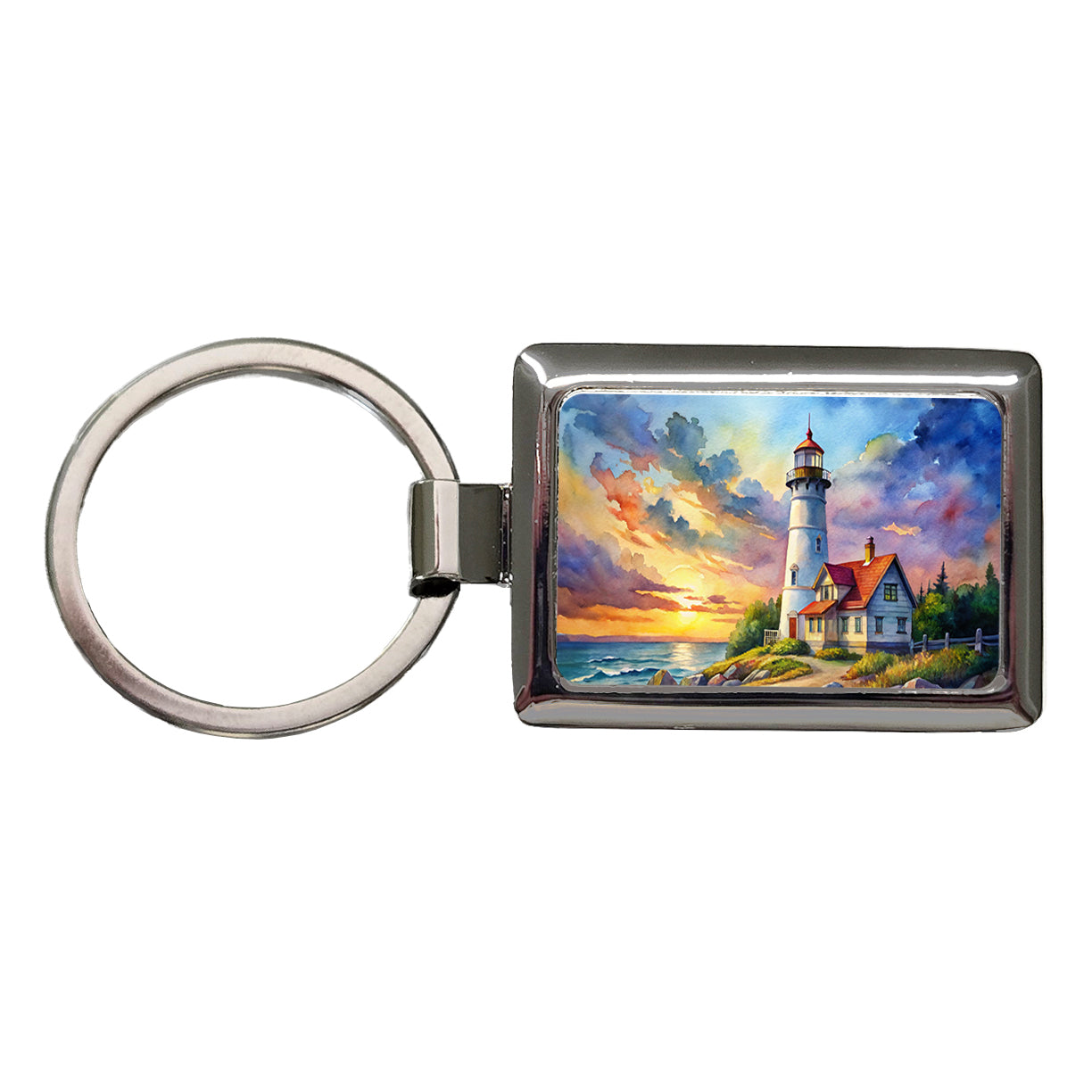 Lighthouse Beautiful Sky Watercolor Rectangle Metal Keychain