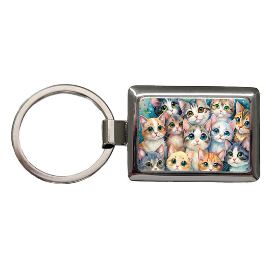 Lots Of Adorable Cats Watercolor Rectangle Metal Keychain