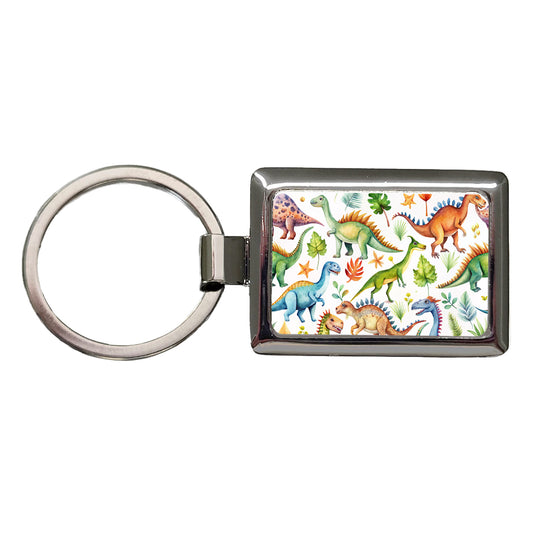 Lots Of Dinosaurs Watercolor Rectangle Metal Keychain