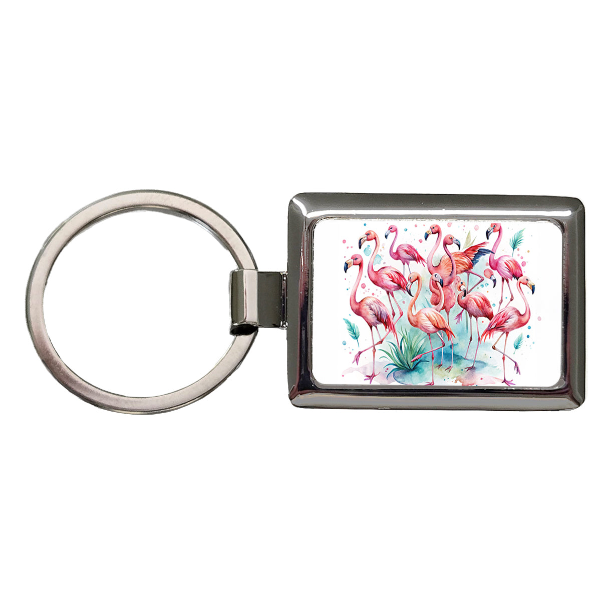 Lots Of Flamingos Watercolor Rectangle Metal Keychain