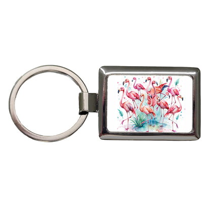Lots Of Flamingos Watercolor Rectangle Metal Keychain