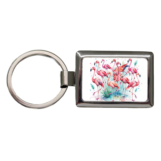 Lots Of Flamingos Watercolor Rectangle Metal Keychain
