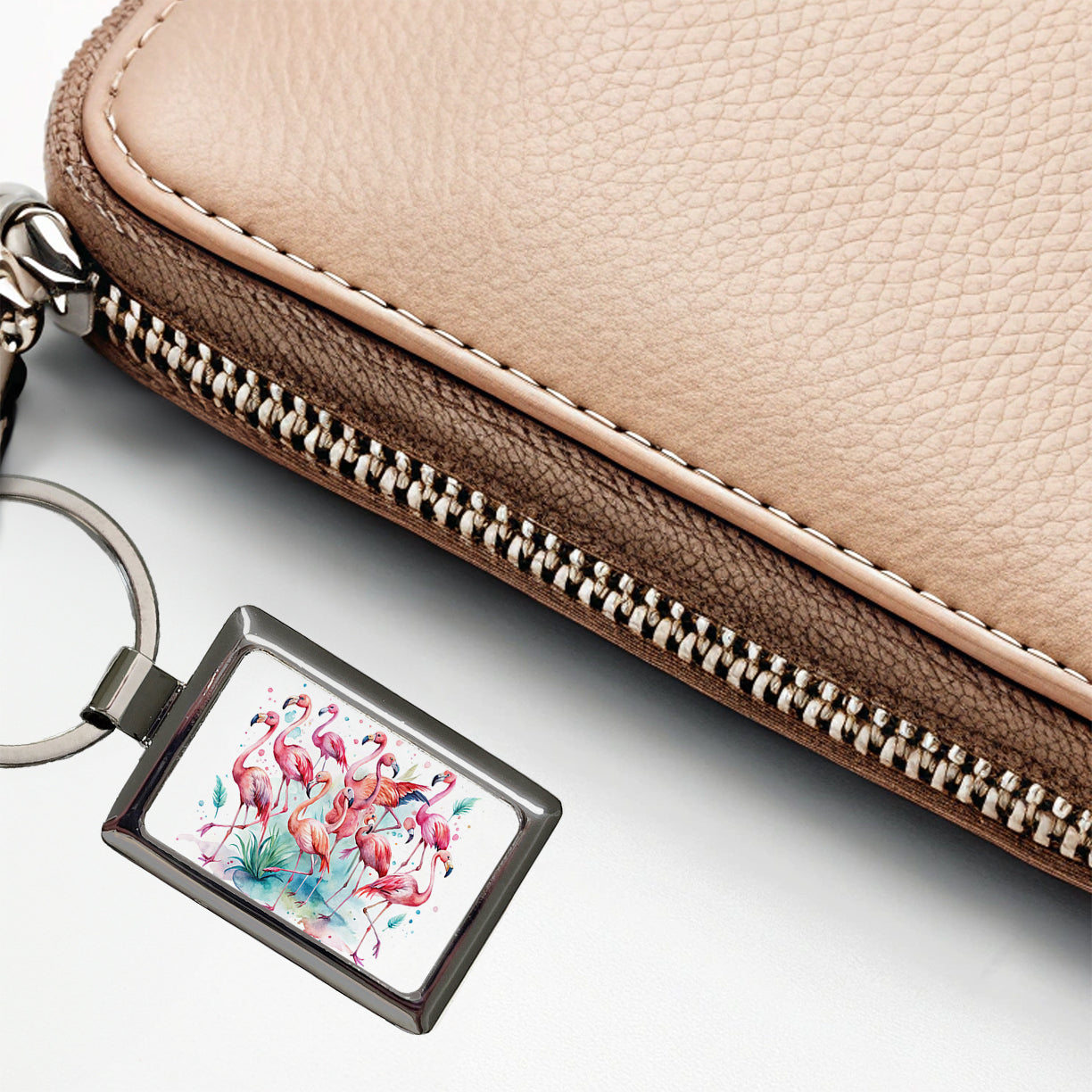 Lots Of Flamingos Watercolor Rectangle Metal Keychain