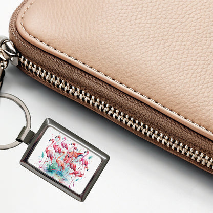 Lots Of Flamingos Watercolor Rectangle Metal Keychain