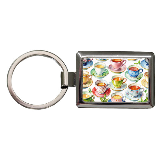 Lots Of Tea Cups Rectangle Metal Keychain