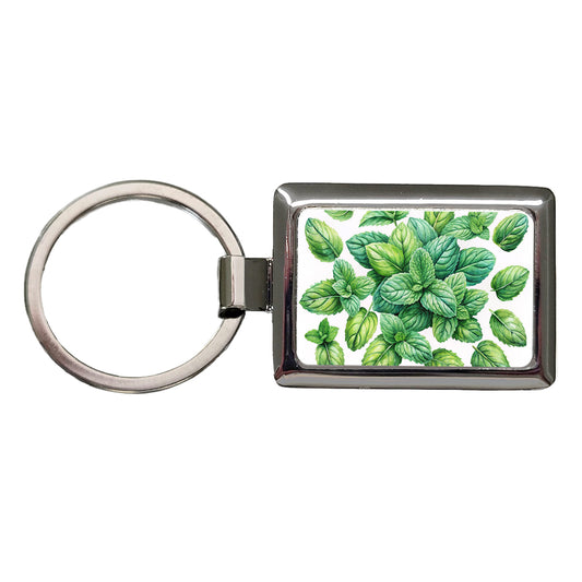 Mint Leaves Watercolor Rectangle Metal Keychain