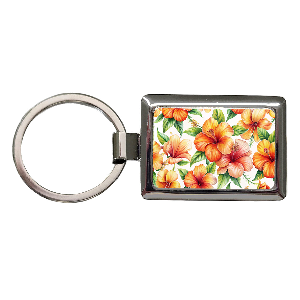 Orange Hibiscus Flowers Watercolor Rectangle Metal Keychain