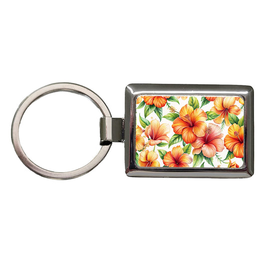 Orange Hibiscus Flowers Watercolor Rectangle Metal Keychain