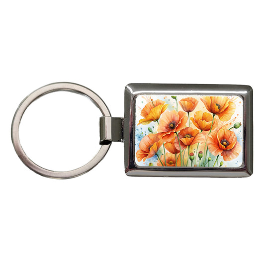 Orange Poppies Flowers Watercolor Rectangle Metal Keychain