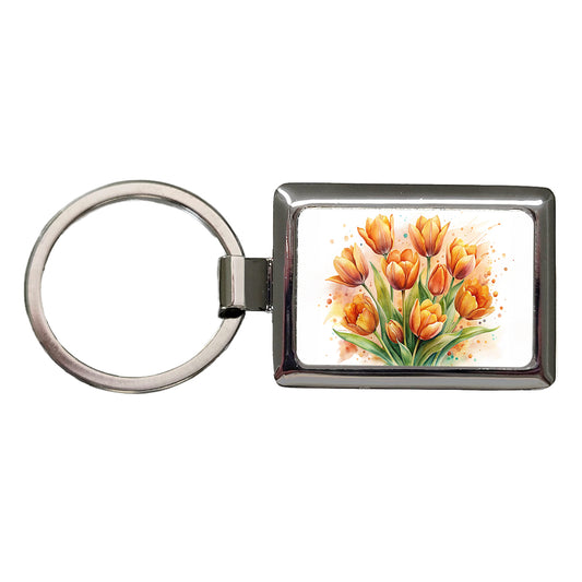 Orange Tulips Flowers Watercolor Rectangle Metal Keychain