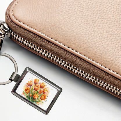 Orange Tulips Flowers Watercolor Rectangle Metal Keychain