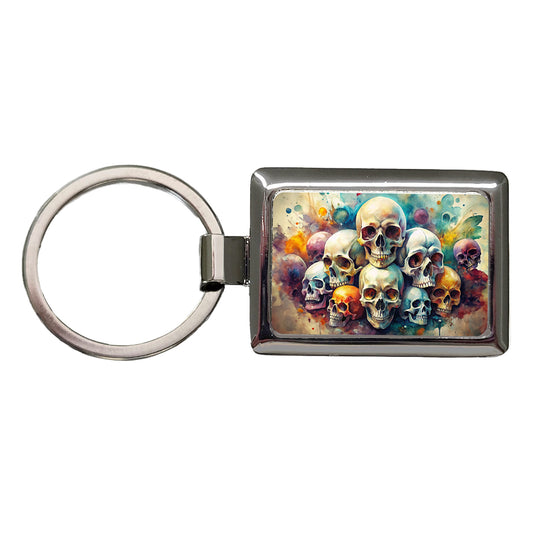 Overlapping Skulls Watercolor Rectangle Metal Keychain
