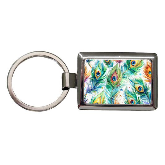 Peacock Feathers Watercolor Rectangle Metal Keychain