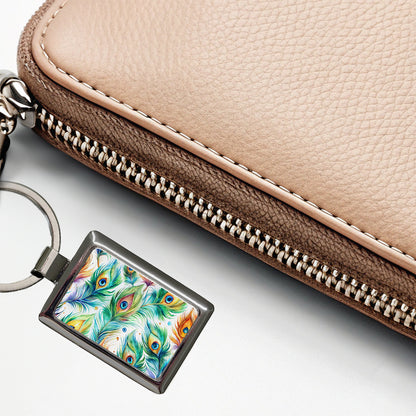 Peacock Feathers Watercolor Rectangle Metal Keychain