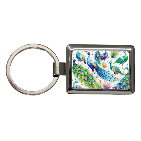 Peacocks Beautiful Birds Watercolor Rectangle Metal Keychain