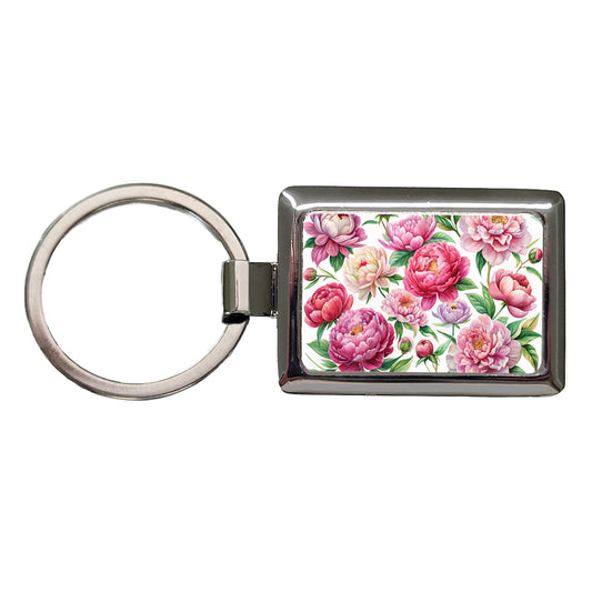 Peonies Pink Flowers Watercolor Rectangle Metal Keychain