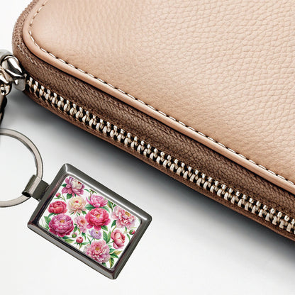 Peonies Pink Flowers Watercolor Rectangle Metal Keychain
