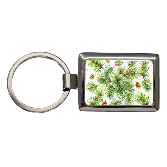 Pine Needles Watercolor Rectangle Metal Keychain