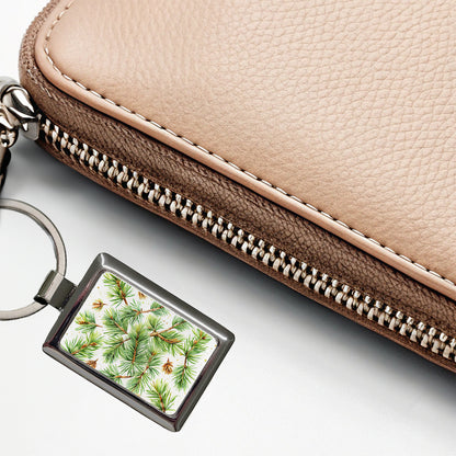 Pine Needles Watercolor Rectangle Metal Keychain