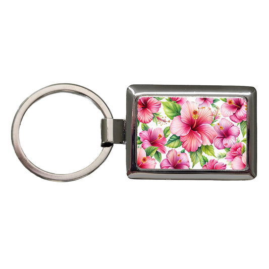 Pink Hibiscus Tropical Flowers Watercolor Rectangle Metal Keychain