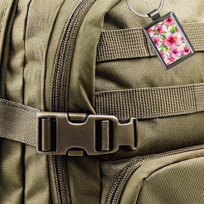 Pink Hibiscus Tropical Flowers Watercolor Rectangle Metal Keychain